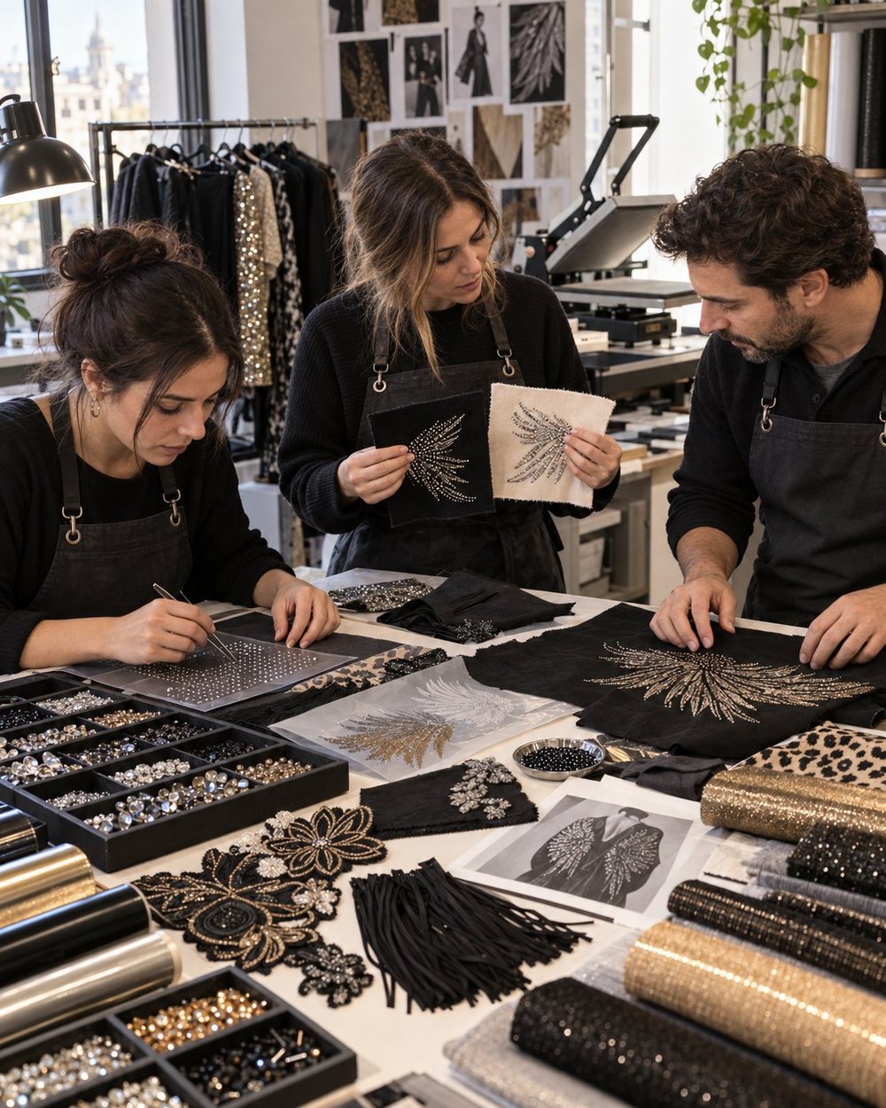 Tres personas del taller alrededor de la mesa de trabajo: una coloca piedras con pinza sobre una plancha perforada, otra sostiene el mismo diseño resuelto en dos muestras, una sobre tela negra y otra sobre tela cruda, y un tercero revisa una muestra grande en negro y dorado. Sobre la mesa hay bandejas de piedras clasificadas, apliques bordados, flecos de gamuza y rollos de foil